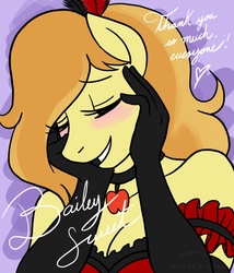 Size: 600x700 | Tagged: safe, artist:hasana-chan, braeburn, earth pony, anthro, g4, blushing, bust, cleavage, clothes, collar, corset, evening gloves, female, gloves, portrait, solo, trans female, transgender