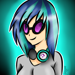 Size: 550x550 | Tagged: safe, artist:erinisanxious, dj pon-3, vinyl scratch, human, g4, clothes, female, gradient background, headphones, humanized, smiling, solo