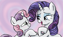 Size: 1024x600 | Tagged: safe, artist:muddy-waters, rarity, sweetie belle, pony, crusaders of the lost mark, g4, blushing, duo, smiling