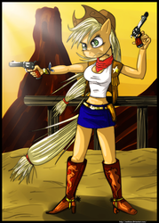 Size: 1000x1400 | Tagged: safe, artist:alvh-omega, applejack, earth pony, anthro, plantigrade anthro, g4, boots, clothes, cowboy hat, denim skirt, dual wield, female, gun, hat, high heel boots, midriff, pistol, revolver, skirt, solo, stetson, tank top, weapon