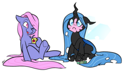 Size: 1102x640 | Tagged: safe, artist:egophiliac, oc, oc only, oc:bubblegum bomb, oc:nepenthe, changeling, changeling queen, earth pony, nymph, pony, blue changeling, bubblegum, changeling queen oc, colt, cross-eyed, cute, cuteling, fangs, female, filly, foal, food, gum, juice, juice box, laughing, male