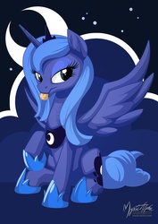 Size: 1464x2070 | Tagged: safe, artist:mysticalpha, princess luna, alicorn, pony, g4, :p, bedroom eyes, female, mare, moon, night, raised hoof, s1 luna, sitting, smiling, solo, spread wings, tongue out