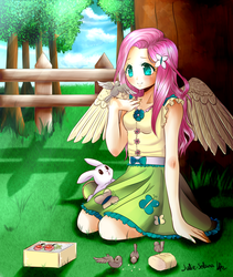 Size: 1024x1215 | Tagged: safe, artist:solanapple, angel bunny, fluttershy, bird, human, g4, anime, bread, clothes, colored pupils, cute, female, fence, food, grass field, hair accessory, humanized, kneeling, scenery, shyabetes, signature, skirt, smiling, tree, winged humanization, wings
