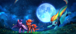 Size: 1800x809 | Tagged: safe, artist:ciciya, rainbow dash, twilight sparkle, oc, alicorn, pony, g4, clothes, constellation, female, mare, moon, stars, twilight sparkle (alicorn)