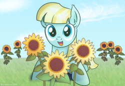Size: 1489x1025 | Tagged: safe, artist:bluemeganium, helia, pegasus, pony, g4, cottagecore, cute, featured image, female, flower, freckles, grass, heliadorable, looking at you, mare, open mouth, prone, smiling, solo, sunflower
