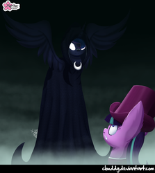 Size: 714x800 | Tagged: safe, artist:clouddg, princess luna, snowfall frost, spirit of hearth's warming yet to come, starlight glimmer, pony, a hearth's warming tail, g4, cloak, clothes, duo, glowing eyes, hat, scene interpretation, signature, top hat