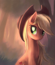 Size: 1100x1286 | Tagged: safe, artist:ajvl, applejack, earth pony, pony, g4, cute, female, freckles, hat, looking at you, mare, painting, sitting, smiling, solo