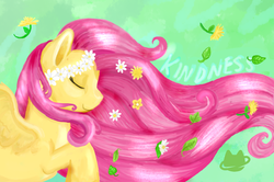 Size: 967x641 | Tagged: safe, artist:cosmocatcrafts, fluttershy, g4, eyes closed, female, floral head wreath, flower, flower in hair, solo