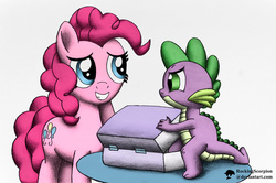 Size: 1000x664 | Tagged: safe, artist:rockingscorpion, pinkie pie, spike, g4, newbie dash, suitcase