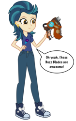 Size: 3400x5400 | Tagged: dead source, safe, artist:razethebeast, indigo zap, equestria girls, g4, absurd resolution, buzz blades, clothes, cute, dialogue, ear piercing, flash puppet, new outfit, pants, piercing, ratchet and clank, shoes, simple background, smiling, sneakers, speech bubble, transparent background, vector