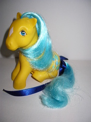 Size: 480x640 | Tagged: safe, photographer:henpatch, bubbles (g1), earth pony, pony, g1, bow, coat markings, facial markings, female, irl, mare, photo, solo, star (coat marking), tail, tail bow, toy