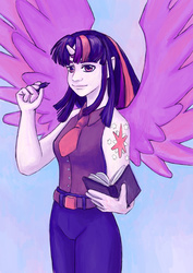 Size: 600x849 | Tagged: safe, artist:a-elly, twilight sparkle, human, g4, book, female, horn, horned humanization, humanized, solo, twilight sparkle (alicorn), winged humanization