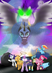 Size: 1000x1400 | Tagged: safe, artist:silent-x-sketch, applejack, fluttershy, nightmare moon, pinkie pie, princess celestia, princess luna, rainbow dash, rarity, twilight sparkle, alicorn, earth pony, pegasus, pony, unicorn, g4, blushing, bunny ears, clothes, costume, dangerous mission outfit, dark magic, female, glowing eyes, goggles, hoodie, lasso, magic, mane six, mare, mare in the moon, moon, party cannon, sombra eyes