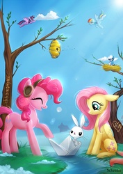 Size: 1416x2000 | Tagged: safe, artist:scheadar, angel bunny, fluttershy, pinkie pie, rainbow dash, twilight sparkle, alicorn, bird, pony, g4, winter wrap up, beehive, bird nest, cloud, crossed arms, cute, diapinkes, earmuffs, eyes closed, female, floppy ears, flying, looking back, looking down, mare, nest, open mouth, paper boat, raised hoof, river, shyabetes, sitting, smiling, spread wings, spring, stream, tree, twilight sparkle (alicorn), winter