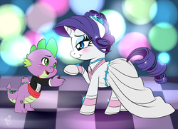 Size: 1200x871 | Tagged: safe, artist:pia-sama, rarity, spike, pony, unicorn, g4, blushing, clothes, dress, female, male, mare, ship:sparity, shipping, straight