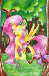 Size: 2216x3376 | Tagged: safe, artist:lunar-white-wolf, fluttershy, butterfly, g4, eyes closed, female, flower, flower in hair, forest, high res, solo, spread wings, traditional art