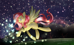 Size: 1720x1040 | Tagged: safe, artist:nalenthi, fluttershy, firefly (insect), pony, g4, female, night, solo, stars