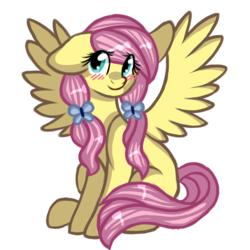 Size: 2700x2700 | Tagged: safe, artist:adostume, fluttershy, g4, alternate hairstyle, blushing, cute, female, floppy ears, high res, missing cutie mark, pigtails, shyabetes, sitting, solo, spread wings