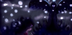 Size: 2437x1200 | Tagged: safe, artist:erikaqwerty, princess luna, snowfall frost, spirit of hearth's warming yet to come, starlight glimmer, a hearth's warming tail, g4, cloak, clothes, glowing eyes, scene interpretation, snow, snowfall