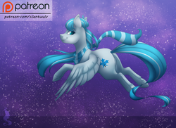 Size: 1100x800 | Tagged: safe, artist:silentwulv, oc, oc only, pegasus, pony, clothes, flying, night, patreon, patreon logo, scarf, solo
