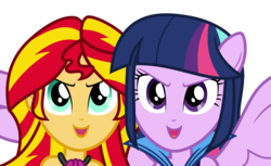 Size: 12350x7548 | Tagged: safe, artist:decprincess, sunset shimmer, twilight sparkle, equestria girls, g4, my little pony equestria girls: rainbow rocks, absurd resolution, duo, microphone, ponied up, simple background, transparent background, twilight sparkle (alicorn), vector