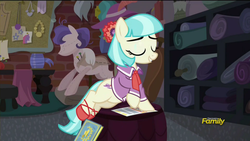 Size: 1920x1080 | Tagged: safe, edit, screencap, coco pommel, g4, made in manehattan, my little pony: friendship is magic, clothes edit, eyes closed, mannequin, on side, pose, shirt, shoes, stool