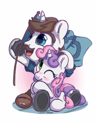 Size: 1100x1400 | Tagged: safe, artist:bobdude0, hondo flanks, sweetie belle, g4, blushing, cute, diasweetes, father and daughter, flag, hoofball, open mouth, simple background, weapons-grade cute, white background