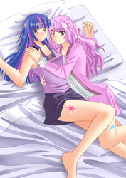 Size: 868x1228 | Tagged: safe, artist:k-nashi, pinkie pie, twilight sparkle, human, g4, armpits, bed, blushing, clothes, cutie mark, female, humanized, legs, lesbian, looking at you, ship:twinkie, shipping, skirt, smiling
