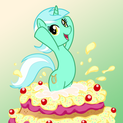 Size: 1000x1000 | Tagged: safe, artist:madmax, lyra heartstrings, pony, unicorn, g4, bipedal, cake, female, food, popping out of a cake, smiling, solo