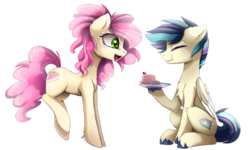Size: 3000x1800 | Tagged: safe, artist:magnaluna, oc, oc only, earth pony, pegasus, pony, cake, duo, eating, eyes closed, food, open mouth, plate, sitting, smiling, spoon, unshorn fetlocks