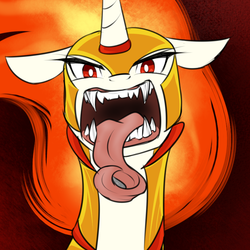 Size: 750x750 | Tagged: safe, artist:cosmalumi, nightmare star, g4, fangs, long tongue, mawshot, solo, tongue out