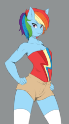 Size: 1280x2287 | Tagged: safe, artist:onion-hime, rainbow dash, anthro, g4, breasts, clothes, delicious flat chest, female, rainbow flat, shorts, socks, solo, thigh highs, zettai ryouiki