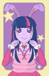 Size: 800x1236 | Tagged: safe, artist:jellyfishbunny, twilight sparkle, equestria girls, g4, :3, bunny ears, clothes, dress, female, solo