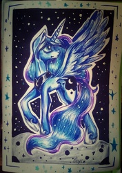 Size: 806x1140 | Tagged: safe, artist:enjal, princess luna, alicorn, pony, g4, female, mare, raised hoof, solo, spread wings, stars, traditional art