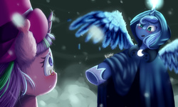 Size: 5000x3000 | Tagged: safe, artist:pixelheartart, princess luna, snowfall frost, spirit of hearth's warming yet to come, starlight glimmer, a hearth's warming tail, g4, cloak, clothes, high res, magic, pointing, scene interpretation, snow, snowfall, spread wings