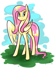 Size: 584x750 | Tagged: safe, artist:cosmalumi, fluttershy, pegasus, pony, g4, female, looking at you, mare, one wing out, outdoors, solo, standing, three quarter view, wings