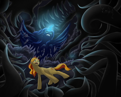 Size: 1280x1024 | Tagged: dead source, safe, artist:comsing8, princess luna, sunset shimmer, alicorn, pony, unicorn, g4, floppy ears, flying, gritted teeth, magic, monster, scared