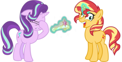 Size: 5000x2568 | Tagged: safe, artist:ggalleonalliance, artist:osipush, artist:tardifice, starlight glimmer, sunset shimmer, pony, unicorn, g4, big crown thingy, duo, duo female, exploitable meme, facehoof, female, floppy ears, i didn't listen, magic, mare, meme, open mouth, simple background, telekinesis, transparent background