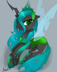 Size: 1024x1307 | Tagged: safe, artist:nuttypanutdy, queen chrysalis, changeling, changeling queen, g4, clothes, crown, fangs, female, regalia, scarf, shoes, solo, transparent wings, wings