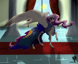 Size: 1024x853 | Tagged: safe, artist:floofsheep, princess celestia, g4, clothes, dress, female, raised hoof, solo, spread wings