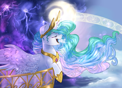 Size: 4000x2907 | Tagged: safe, artist:segraece, princess celestia, g4, female, high res, magic, singing, smiling, solo, spread wings