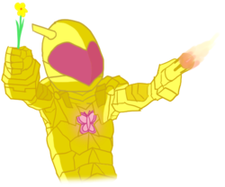 Size: 564x470 | Tagged: safe, artist:totallynotabronyfim, fluttershy, human, g4, ambiguous gender, armor, badass, element of kindness, elements of harmony, fire, flower, flutterbadass, fully clothed, helmet, humanized, implied fluttershy, power armor, powered exoskeleton, solo