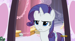 Size: 2525x1393 | Tagged: safe, screencap, rarity, g4, the saddle row review, discovery family logo, female, rarity is not amused, solo