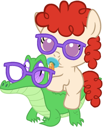 Size: 786x947 | Tagged: safe, artist:red4567, gummy, twist, pony, g4, baby, baby pony, cute, glasses, pacifier, ponies riding gators, riding, twistabetes, weapons-grade cute