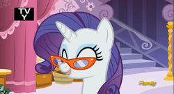 Size: 2507x1353 | Tagged: safe, screencap, rarity, g4, the saddle row review, discovery family logo, female, glasses, happy, solo