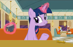 Size: 2125x1385 | Tagged: safe, screencap, beaude mane, joan pommelway, twilight sparkle, alicorn, earth pony, pony, g4, the saddle row review, background pony, booth, cafe, diner, discovery family logo, female, glowing horn, horn, joan holloway, levitation, magic, magic aura, male, mare, stallion, table, teacup, telekinesis, twilight sparkle (alicorn)