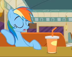 Size: 1753x1387 | Tagged: safe, screencap, rainbow dash, g4, my little pony: friendship is magic, the saddle row review, bendy straw, booth, cafe, cup, diner, drinking straw, female, solo, table