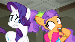 Size: 1920x1080 | Tagged: safe, screencap, plaid stripes, rarity, pony, g4, my little pony: friendship is magic, the saddle row review, braces, discovery family logo, lip bite