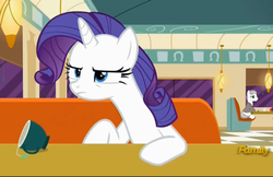 Size: 2073x1343 | Tagged: safe, screencap, rarity, pony, g4, the saddle row review, booth, cafe, diner, discovery family logo, john candy, movie reference, mug, neal page, neighl page, planes trains and automobiles, restaurant, steve martin, table, unnamed character, unnamed pony