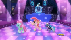 Size: 1279x715 | Tagged: safe, screencap, azure velour, dj pon-3, flashdancer, pacific glow, vinyl scratch, earth pony, pony, unicorn, g4, the saddle row review, clothes, club pony party palace, dance club, discovery family logo, female, mare, not pinkie pie